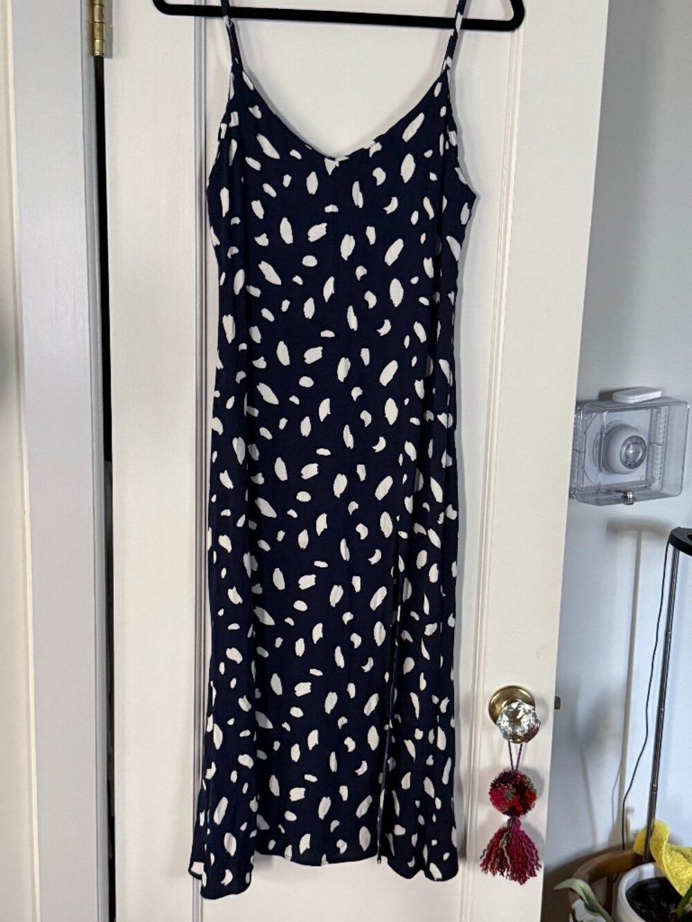 Reformation Navy Dot Print Slip Dress